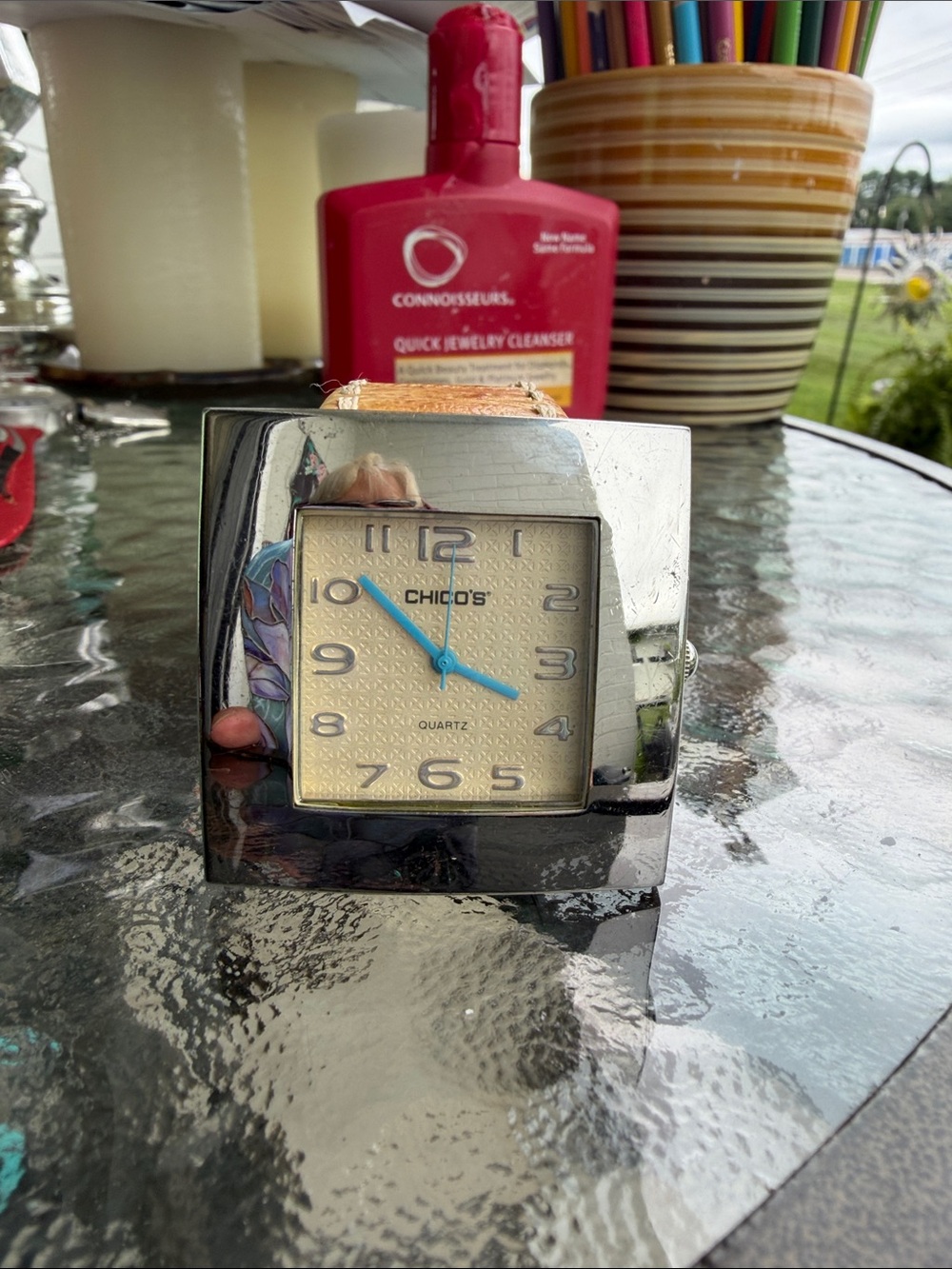 Chico's Square Face Watch with Tan Leather Strap and Blue Hands - Picture 2 of 7